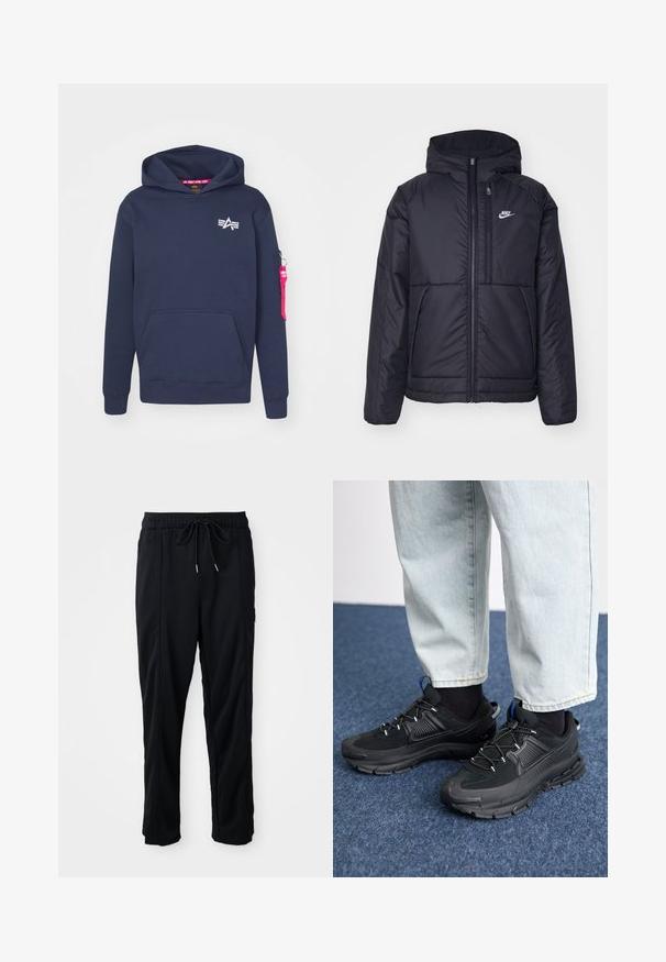 Juodas, paminkštintas Nike džemperis su priekyje užtrauktuku ir gobtuvu. Pasižymi balta logo kairėje krūtinės pusėje ir dviem priekinėmis kišenėmis. Su lygiu išoriniu paviršiumi.; Tamsiai mėlyna džemperis su gobtuvu, pagamintas iš medvilnės mišinio, su priekinėmis kengūrinėmis kišenėmis, reguliuojamu gobtuvu ir užtrauktuku užsegama rankovės kišenė, su rožine etiketės detale.; Juodos laisvos kelnės su raišteliu liemens, šoninėmis kišenėmis ir tiesiu kirpimu ant vienodos fono.; Juodi sportiniai bateliai su tekstūruota medžiaga ir guminiais padais, su elastingomis raišteliais ir mėlynu akcentu ant kulno. Dėvimi su šviesiai mėlynomis džinsinėmis kelnėmis.