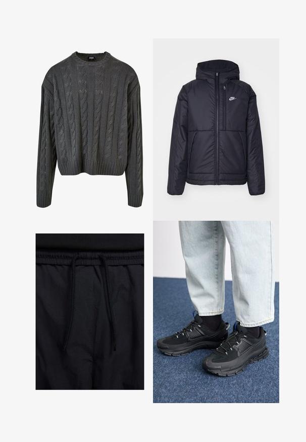 Veste Nike noire rembourrée avec une fermeture éclair sur le devant et une capuche. Elle présente un logo blanc sur la poitrine gauche et deux poches avant. Texture extérieure lisse.; Pull-over en maille torsadée de couleur gris foncé, avec un col rond, des épaules tombantes et un ourlet côtelé. Présente des motifs texturés sur l'ensemble.; Shorts noirs avec un élastique à cordon de serrage, en tissu léger avec une texture lisse, et un design simple sans logos ni motifs visibles.; Des chaussures de sport noires avec un tissu texturé et des semelles en caoutchouc, dotées de lacets élastiques et d'un accent bleu au talon. Portées avec un pantalon en denim clair.