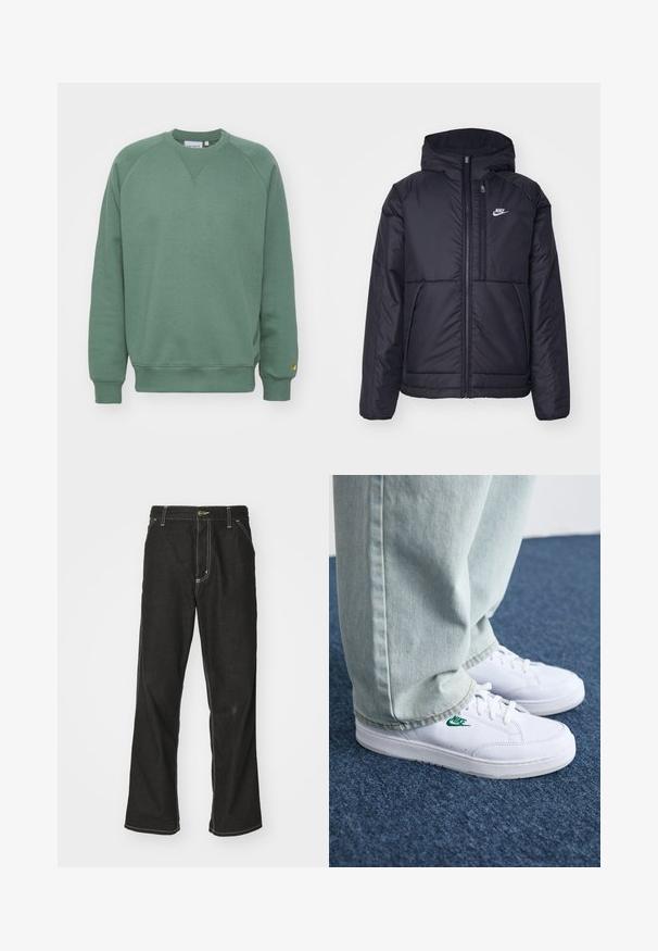 Must musta Nike jope, millel on ees lukuga avamine ja kapuuts. Vasakpoolne rind on kaunistatud valge logoga ning ees on kaks taskut. Sile välimine tekstuur.; Roheline dressipluus ümmarguse kaelusega, raglan varrukatega ja soonikkoes mansettidega. Valmistatud pehmest kangast, millel on väike logo silt allääres.; Mustadest denimist püksid, lahtise lõikega, kontrastsete valgete õmblustega, nööbiga kinnitamine ja sirge säär.; Valged nahast tennisetossud rohelise Nike logo ja ümarate varvastega, lamedate taldadega, koos helesiniste teksapükstega, esitatud sinisel vaibal.