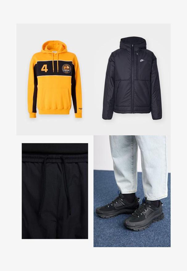 Casaco Nike preto, acolchoado, com fecho à frente e capuz. Apresenta um logo branco no lado esquerdo do peito e dois bolsos frontais. Textura exterior lisa.; Sweatshirt capuz amarelo e preto com um bolso frontal, risca branca, número "4" e um logótipo circular com palmeiras e "Miami 2025."; Calções pretos com um cós elástico ajustável, fabricados em tecido leve com uma textura suave e um design simples, sem logótipos ou padrões visíveis.; Sapatilhas desportivas pretas com tecido texturizado e solas em borracha, apresentando atacadores elásticos e um detalhe azul no calcanhar. Usadas com calças de ganga claras.