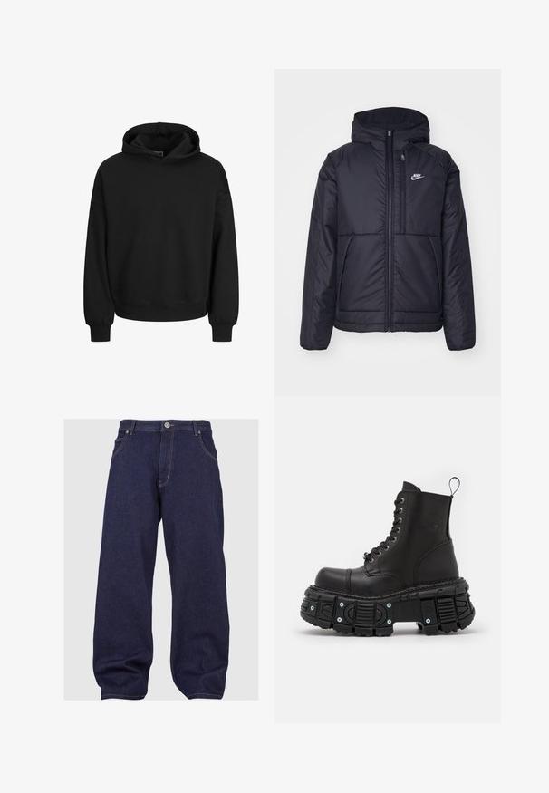 Schwarze, gepolsterte Nike-Jacke mit Frontreißverschluss und Kapuze. Hat ein weißes Logo auf der linken Brust und zwei Fronttaschen. Glattes äußeres Material.; Schwarze Kapuzenjacke aus weichem Stoff, mit einer Kordelzugkapuze, langen Ärmeln und gerippten Bündchen sowie Saum. Einfaches Design ohne Muster.; Dunkelblaue Jeans aus Denim mit lässiger Passform, ausgestattet mit einem Knopfverschluss, fünf Taschen und kontrastierenden Nähten entlang der Säume.; Schwarze Lederkampfstiefel mit hohem Schaft, Schnürverschluss, robuster Gummisohle und Metallakzenten an der Unterseite der Sohle.