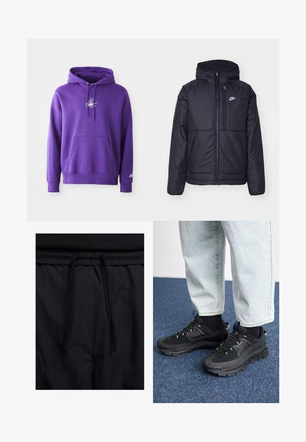 Musta, pehmustettu Nike-takki, jossa on etuvetoketju ja huppu. Vasemmassa rinnassa on valkoinen logo ja takissa on kaksinkertaiset etutaskut. Pintakoe on sileä.; Violetti huppari, joka on valmistettu pehmeästä materiaalista. Siinä on etutasku, nyörihuppu ja valkoinen logo rinnassa. Sujuva pinta.; Mustat shortsit, joissa on naru vyötäröllä, kevyestä kankaasta valmistettu, sileä tekstuuri ja yksinkertainen muotoilu ilman näkyviä logoja tai kuvioita.; Mustat urheilukengät, joissa on teksturoitu kangas ja kumipohjat, elastiset nauhat ja sininen yksityiskohta kannassa. Yhdistetty vaaleisiin farkkuihin.