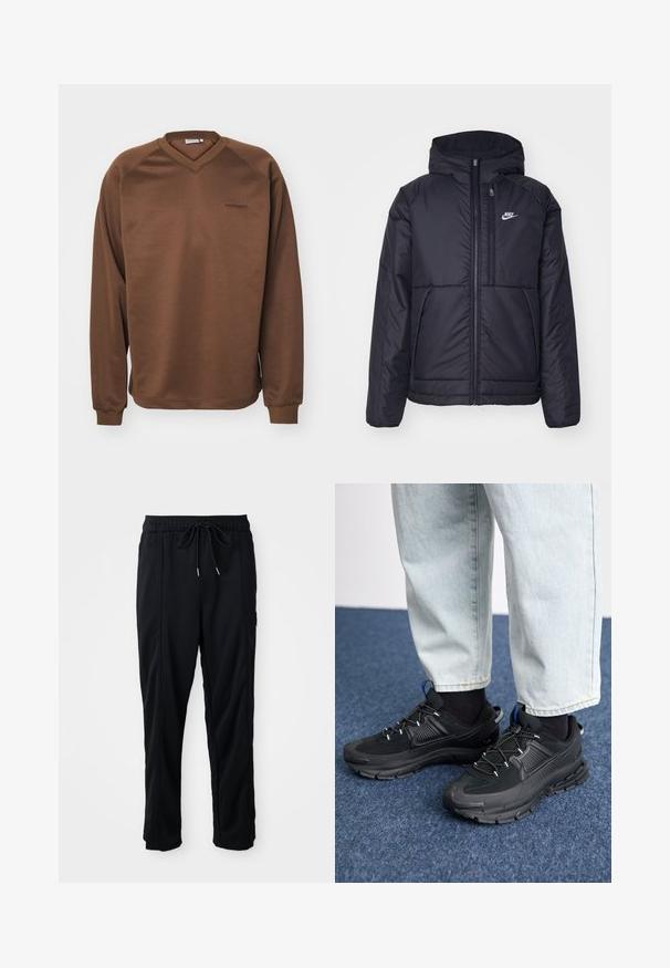 Čierna, polstrovaná bunda Nike so zipsom vpredu a kapucňou. Na ľavej strane hrude sa nachádza biele logo a sú tu dva predné vrecká. Hladký vonkajší povrch.; Hnedá mikina so strihom do v-krku, dlhými raglánovými rukávmi a lemovaním na rukávoch. Obsahuje decentné vyšívané logo na hrudi. Hladká textúra.; Čierne voľné nohavice na gumičku v páse s bočnými vreckami a rovnými nohavicami na jednoduchom pozadí.; Čierne športové topánky s textúrovanou tkaninou a gumovou podrážkou, so elastickými šnúrkami a modrým akcentom na päte. Nosia sa s svetlými riflami.