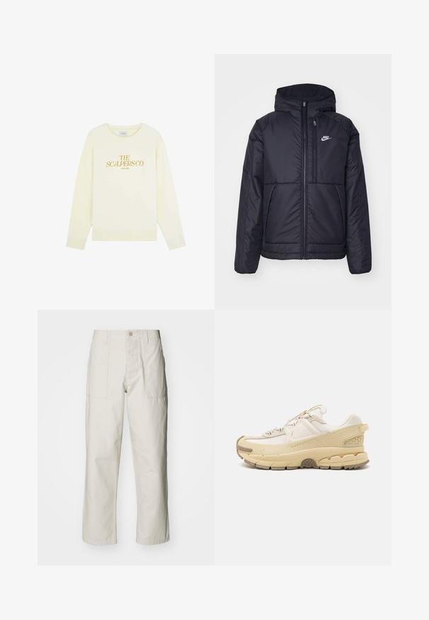 Schwarze, gepolsterte Nike-Jacke mit Frontreißverschluss und Kapuze. Hat ein weißes Logo auf der linken Brust und zwei Fronttaschen. Glattes äußeres Material.; Scalpers ATELIER - Sweatshirt - off white; Helle beige weit geschnittene Hose aus Baumwolle. Verfügt über Fronttaschen und einen Knopfverschluss. Glatte Textur mit dezenten vertikalen Streifen.; Beige Sport Sneaker mit strukturierten Paneelen, aus Mesh-Materialien und einer dicken, auf Traktion ausgelegten Sohle. Mit dezentem Nike-Branding und Schnürdesign.