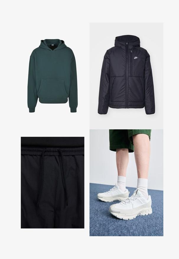 Must musta Nike jope, millel on ees lukuga avamine ja kapuuts. Vasakpoolne rind on kaunistatud valge logoga ning ees on kaks taskut. Sile välimine tekstuur.; Roheline kapuutsiga pusse, mis on valmistatud pehmest kangast, varustatud taskuga, mugava lõikega, ribakätiste ja -äärtega ning kahekordse kapuutsiga.; Mustad lühikesed püksid, millel on paelaga vöökoht, kerge kangas, mis on sileda tekstuuriga ning lihtne disain ilma nähtavate logode või mustriteta.; Valged sportsijalatsid tekstuursete pealsete, kopsaka tallaga ja hallide aktsentidega. Kanda valgete lühikeste sokkidega ja roheliste lühikeste pükstega sinisel pinnal.