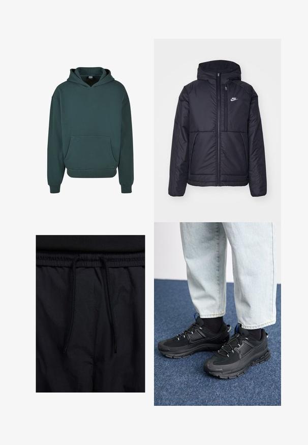 Musta, pehmustettu Nike-takki, jossa on etuvetoketju ja huppu. Vasemmassa rinnassa on valkoinen logo ja takissa on kaksinkertaiset etutaskut. Pintakoe on sileä.; Vihreä huppari, joka on valmistettu pehmeästä kankaasta, varustettuna kengurupussilla, rento istuvuus, ribbitetut hihansuut ja helma, sekä kaksinkertainen huppu.; Mustat shortsit, joissa on naru vyötäröllä, kevyestä kankaasta valmistettu, sileä tekstuuri ja yksinkertainen muotoilu ilman näkyviä logoja tai kuvioita.; Mustat urheilukengät, joissa on teksturoitu kangas ja kumipohjat, elastiset nauhat ja sininen yksityiskohta kannassa. Yhdistetty vaaleisiin farkkuihin.