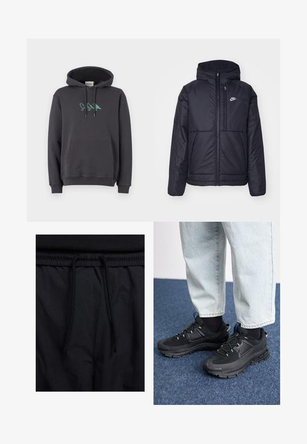 Veste Nike noire rembourrée avec une fermeture éclair sur le devant et une capuche. Elle présente un logo blanc sur la poitrine gauche et deux poches avant. Texture extérieure lisse.; Sweat à capuche gris foncé avec une poche kangourou, un cordon de serrage et une broderie de dinosaure vert sur la poitrine. Tissu en coton doux, coupe décontractée.; Shorts noirs avec un élastique à cordon de serrage, en tissu léger avec une texture lisse, et un design simple sans logos ni motifs visibles.; Des chaussures de sport noires avec un tissu texturé et des semelles en caoutchouc, dotées de lacets élastiques et d'un accent bleu au talon. Portées avec un pantalon en denim clair.
