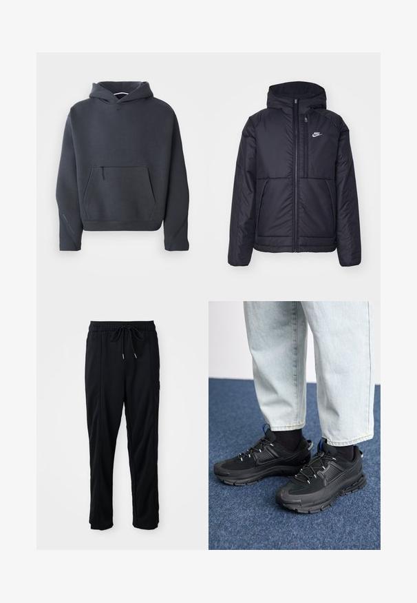 Giacca Nike nera, imbottita, con zip frontale e cappuccio. Presenta un logo bianco sul lato sinistro del petto e doppie tasche frontali. Texture esterna liscia.; Felpa con cappuccio di colore grigio scuro in tessuto morbido, dotata di una tasca frontale con zip, polsini a costine e un piccolo logo sul petto.; Pantaloni casual neri con elastico in vita, tasche laterali e taglio dritto su uno sfondo uniforme.; Scarpe sportive nere con tessuto testurizzato e suole in gomma, dotate di lacci elastici e un accento blu sul tallone. Indossate con pantaloni in denim chiaro.