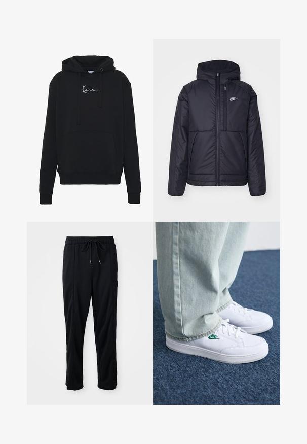 Jachetă Nike neagră, căptușită, cu fermoar pe față și glugă. Prezintă un logo alb pe pieptul stâng și două buzunare frontale. Textură exterioară netedă.; Hanorac negru din material moale, cu buzunar frontal, sireturi și broderie albă a logo-ului pe piept. Croială clasică și manșete ribbate.; Pantaloni casual negri cu șnur la talie, cu buzunare laterale și croială dreaptă, pe un fundal simplu.; Adidași din piele albă cu logo-ul Nike verde, vârf rotund, talpă plată, asortați cu pantaloni din denim bleu deschis, prezentați pe un covor albastru.