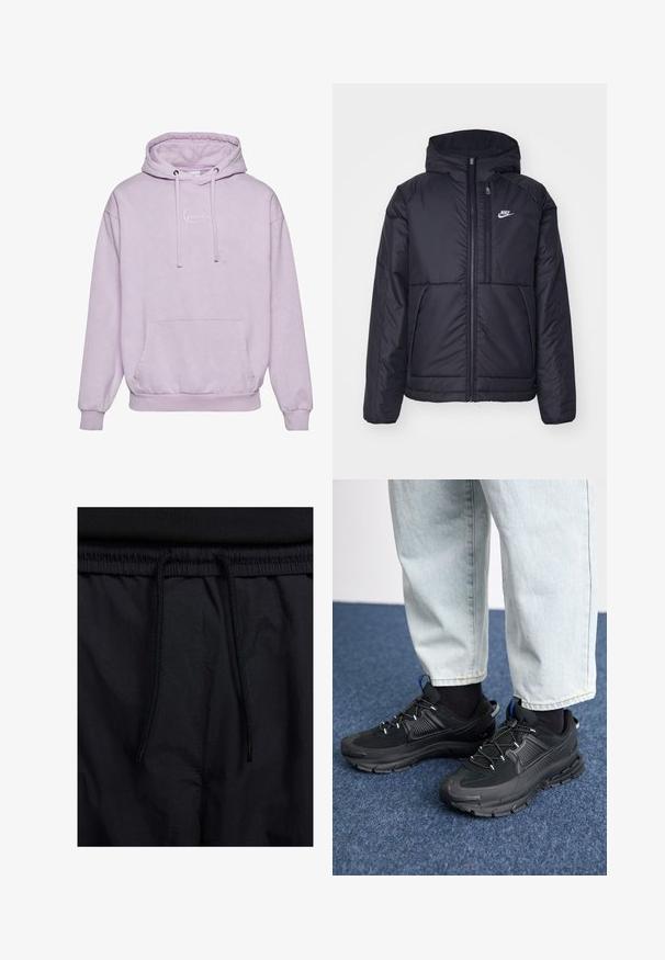 Fekete, párnázott Nike dzseki elülső cipzárral és kapucnival. A bal mellen fehér logó található, valamint két elülső zseb. Simának tűnő külső felület.; Rózsaszínes lila kapucnis pulóver, húzózsinórral, elülső zsebbel és fehér logóval a mellkason. Puha, texturált anyagból készült.; Fekete rövidnadrág, húzózsinórral ellátott derékrésszel, könnyű anyagból, sima felszínen, egyszerű dizájnnal, látható logók vagy minták nélkül.; Fekete sportcipők texturált anyaggal és gumitalppal, elasztikus fűzőkkel és kék kiegészítővel a saroknál. Világos farmernadrággal viselve.