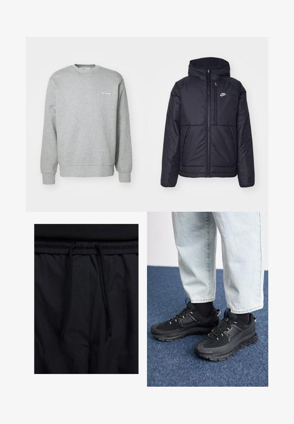 Chaqueta acolchada negra de Nike con cremallera frontal y capucha. Presenta un logo blanco en el lado izquierdo del pecho y dos bolsillos frontales. Textura exterior suave.; Sudadera de algodón gris con cuello redondo, mangas largas, puños acanalados y un pequeño logo blanco en el lado izquierdo del pecho. Textura suave.; Pantalones cortos negros con cinturilla ajustable, tejido ligero con una textura suave y un diseño sencillo sin logotipos visibles ni patrones.; Zapatillas deportivas negras con tejido texturizado y suelas de goma, con cordones elásticos y un acento azul en el talón. Combinadas con pantalones de mezclilla claros.