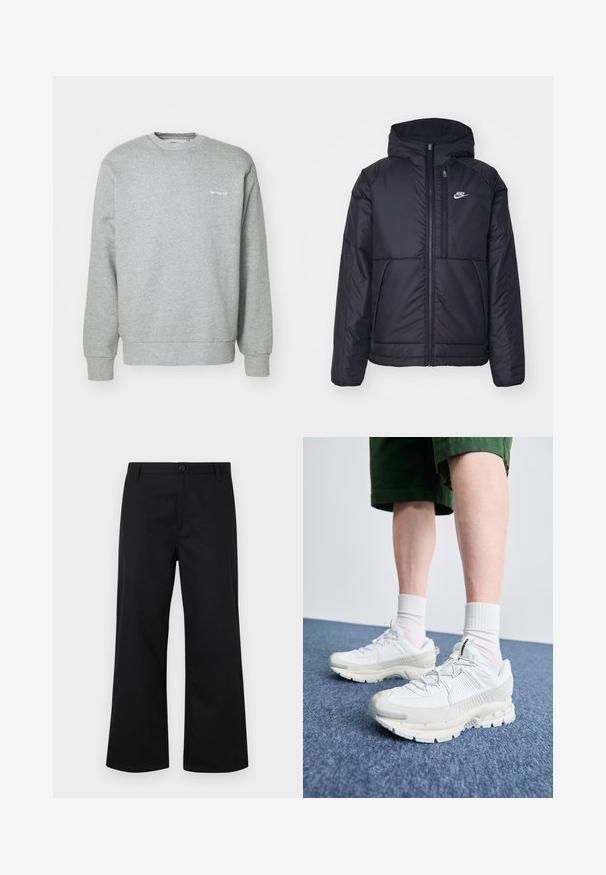 Schwarze, gepolsterte Nike-Jacke mit Frontreißverschluss und Kapuze. Hat ein weißes Logo auf der linken Brust und zwei Fronttaschen. Glattes äußeres Material.; Grauer Baumwollpullover mit Rundhalsausschnitt, langen Ärmeln, gerippten Bündchen und einem kleinen weißen Logo auf der linken Brust. Weicher Stoff.; Schwarze, weite Hosen aus glattem Stoff. Verfügt über einen Knopfverschluss vorne und einen Standardsaum. Minimalistisches Design, keine sichtbaren Muster.; Weiße Sportschuhe mit strukturierten Überzügen, einer dicken Sohle und grauen Akzenten. Tragen mit weißen Crew-Socken und grünen Shorts auf einer blauen Oberfläche.