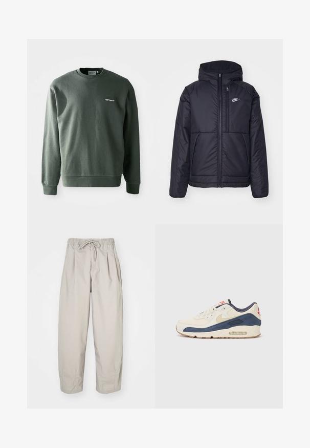 Black, padded Nike jacket with a front zipper and hood. Features a white logo on the left chest and dual front pockets. Smooth exterior texture.; Dark green sweatshirt made of cotton blend, featuring a crew neckline, ribbed cuffs, and a small white logo on the left chest.; Beige, lightweight trousers with an elastic waistband and drawstring. Features pleats and a loose fit, crafted from soft, smooth fabric.; Sneakers with a cream leather and navy suede upper, featuring a visible air sole, beige rubber outsole, and red accent on the heel.