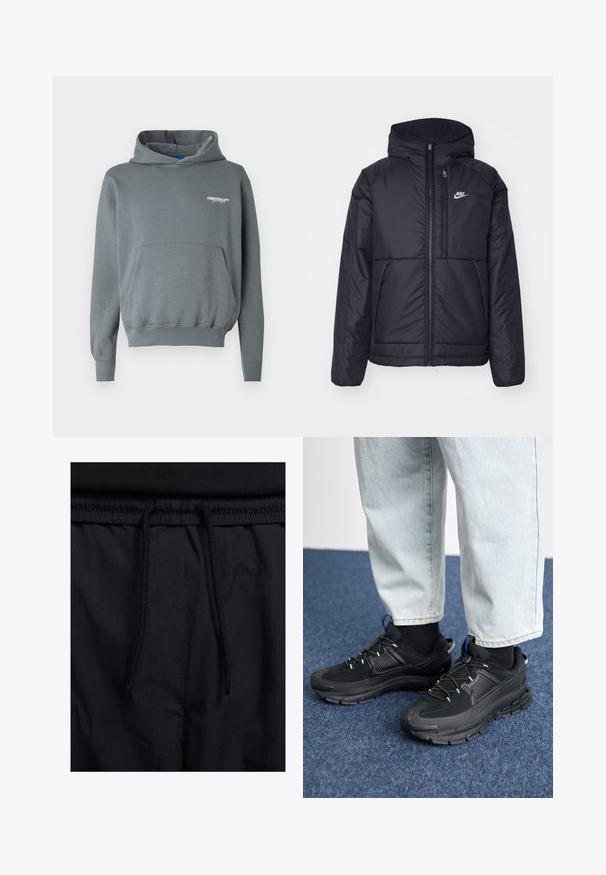 Melna, pufota Nike jaka ar priekšējo rāvējslēdzēju un kapuci. Iezīmēta ar baltu logotipu uz kreisās krūtis un divām priekšējām kabatām. Gluda ārējā tekstūra.; Pelēka flīsa džemperis ar priekšējo kabatu, ar auklu regulējamu kapuci, ribotām piedurknēm un mazu baltu logotipu kreisajā krūtī. Gluda tekstūra.; Melni šorti ar sašūtu jostu, viegls audums ar gludu tekstūru un vienkāršs dizains bez redzamiem logotipiem vai paraugiem.; Melni sporta apavi ar strukturētu audumu un gumijas zoli, ar elastīgām auklām un zilu akcentu uz papēža. Nēsāti ar gaišām džinsu biksēm.