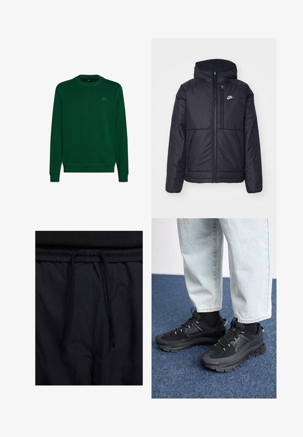 Sort, polstret Nike-jakke med frontlynlås og hætte. Har et hvidt logo på venstre bryst og to frontlommer. Glat ydre tekstur.; Grøn sweatshirt lavet af blødt stof, har rund halsudskæring, lange ærmer, ribbede manchetter og et lille O'Neill-logo på brystet.; Sorte shorts med snoretræk i taljen, letvægtsstof med en glat tekstur og et simpelt design uden synlige logoer eller mønstre.; Sorte træningssko med tekstureret stof og gummisåler, udstyret med elastiske snørebånd og en blå detalje på hælen. Bæres med lyse denimbukser.