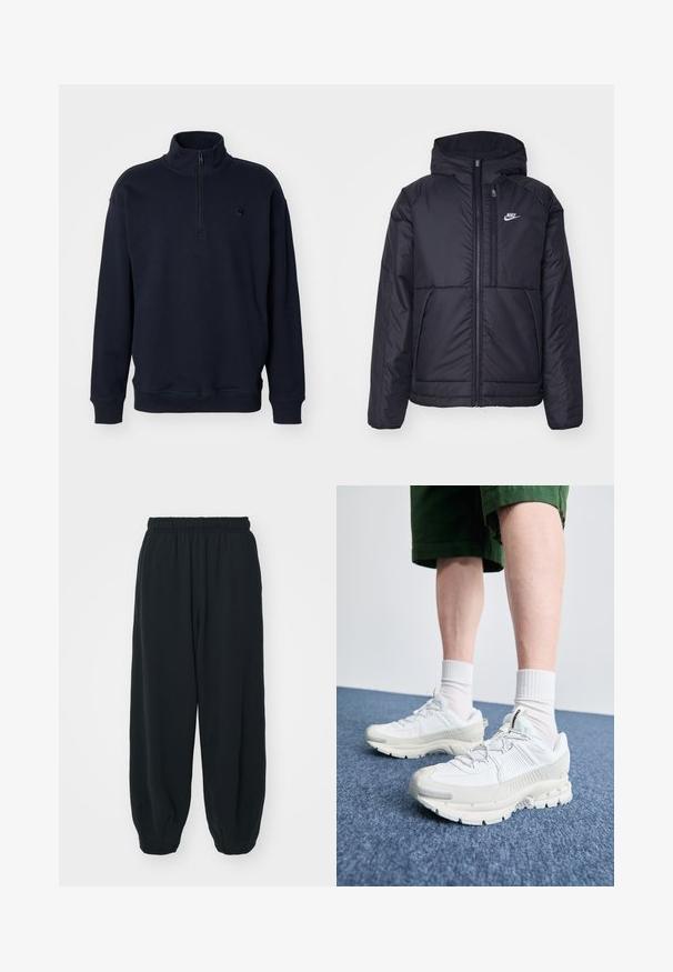 Černá zateplená bunda Nike s předním zipem a kapucí. Na levé straně hrudi má bílé logo a dvojité přední kapsy. Hladký povrch.; Námořnický modrý svetr s vysokým límcem, zipem na krku a designem přiléhavých manžet. Obsahuje jemné logo na hrudi.; Černé teplákové kalhoty s elastickým pasem, volným střihem, manžetami na kotnících, hladkým povrchem a bez viditelných vzorů či kovových detailů.; Bílé sportovní boty s texturovanými překryvy, masivní podrážkou a šedými akcenty. Na nohou mají bílé ponožky a zelené šortky na modrém povrchu.