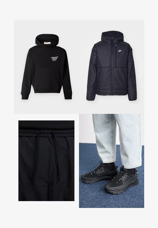 Casaco Nike preto, acolchoado, com fecho à frente e capuz. Apresenta um logo branco no lado esquerdo do peito e dois bolsos frontais. Textura exterior lisa.; Moletom preto feito de tecido macio, com um bolso frontal, punhos canelados e um logo branco na área do lado esquerdo do peito.; Calções pretos com um cós elástico ajustável, fabricados em tecido leve com uma textura suave e um design simples, sem logótipos ou padrões visíveis.; Sapatilhas desportivas pretas com tecido texturizado e solas em borracha, apresentando atacadores elásticos e um detalhe azul no calcanhar. Usadas com calças de ganga claras.