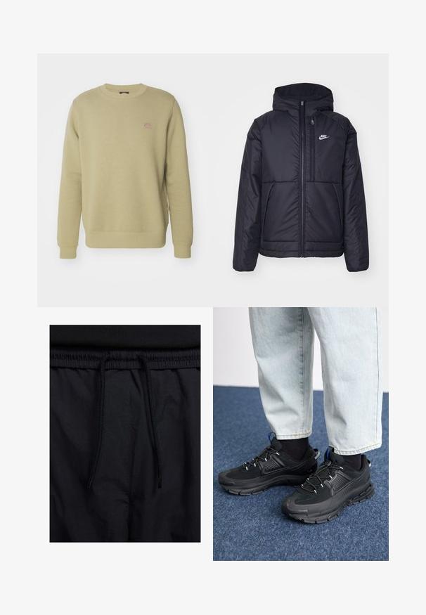 Černá zateplená bunda Nike s předním zipem a kapucí. Na levé straně hrudi má bílé logo a dvojité přední kapsy. Hladký povrch.; Olivově zelená mikina vyrobená z měkké tkaniny, s kulatým výstřihem a pružnými manžetami. Obsahuje malou nášivku s logem na hrudi.; Černé šortky s páskem na šňůrku, lehký materiál s hladkou texturou a jednoduchý design bez viditelných log nebo vzorů.; Černé sportovní boty s texturovanou tkaninou a gumovou podrážkou, s elastickými tkaničkami a modrým akcentem na patě. Nosí se s světlými džíny.