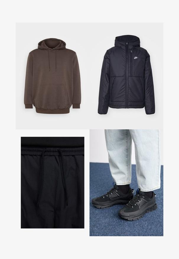 Musta, pehmustettu Nike-takki, jossa on etuvetoketju ja huppu. Vasemmassa rinnassa on valkoinen logo ja takissa on kaksinkertaiset etutaskut. Pintakoe on sileä.; Ruskea huppari, joka on valmistettu pehmeästä kankaasta. Siinä on etutasku, nyörit ja ribbauskohouksilla varustetut hihansuut ja helma. Yksinkertainen muotoilu ilman kuvioita.; Mustat shortsit, joissa on naru vyötäröllä, kevyestä kankaasta valmistettu, sileä tekstuuri ja yksinkertainen muotoilu ilman näkyviä logoja tai kuvioita.; Mustat urheilukengät, joissa on teksturoitu kangas ja kumipohjat, elastiset nauhat ja sininen yksityiskohta kannassa. Yhdistetty vaaleisiin farkkuihin.