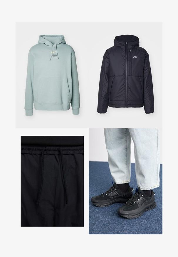 Schwarze, gepolsterte Nike-Jacke mit Frontreißverschluss und Kapuze. Hat ein weißes Logo auf der linken Brust und zwei Fronttaschen. Glattes äußeres Material.; Nike Sportswear HOODIE - Sweatshirt - light pumice; Schwarze Shorts mit einem Kordelzugbund, leichtem Stoff mit glatter Textur und einem schlichten Design ohne sichtbare Logos oder Muster.; Schwarze Sportschuhe aus strukturiertem Stoff mit Gummisohlen, ausgestattet mit elastischen Schnürsenkeln und einem blauen Akzent an der Ferse. Getragen mit hellen Jeans.