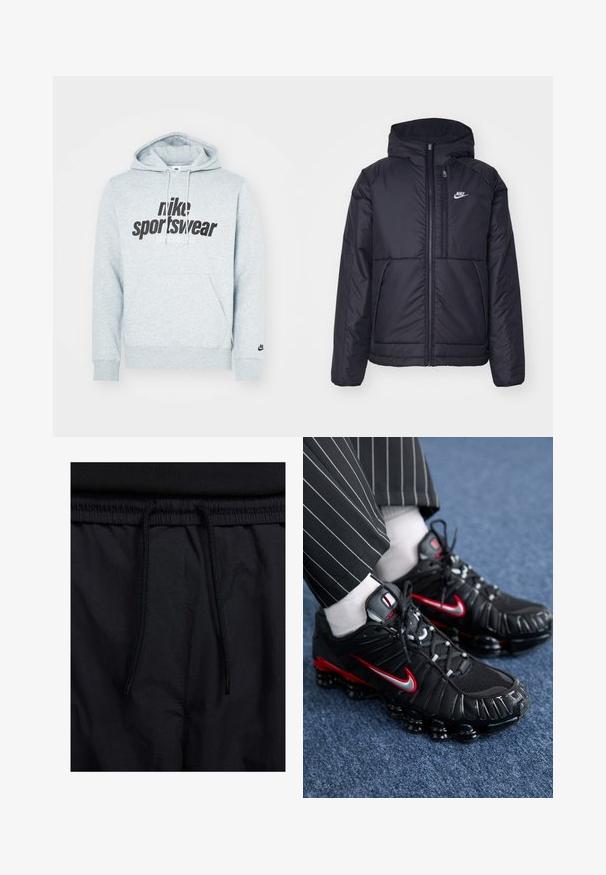 Svart, polstret Nike-jakke med frontglidelås og hette. Har en hvit logo på venstre bryst og doble frontlommer. Glatt ytterside.; Grå bomull hettegenser med kengurulomme, snorhette og fet svart "Nike Sportswear"-logo. Inkluderer ribbestrikkede mansjetter og hem.; Sorte shorts med snor i livet, lett stoff med en jevn tekstur, og et enkelt design uten synlige logoer eller mønstre.; Sorte fritidssko med røde og sølvfargede accenter, mesh og strukturert syntetisk materiale, snøring og synlig dempingsåle.