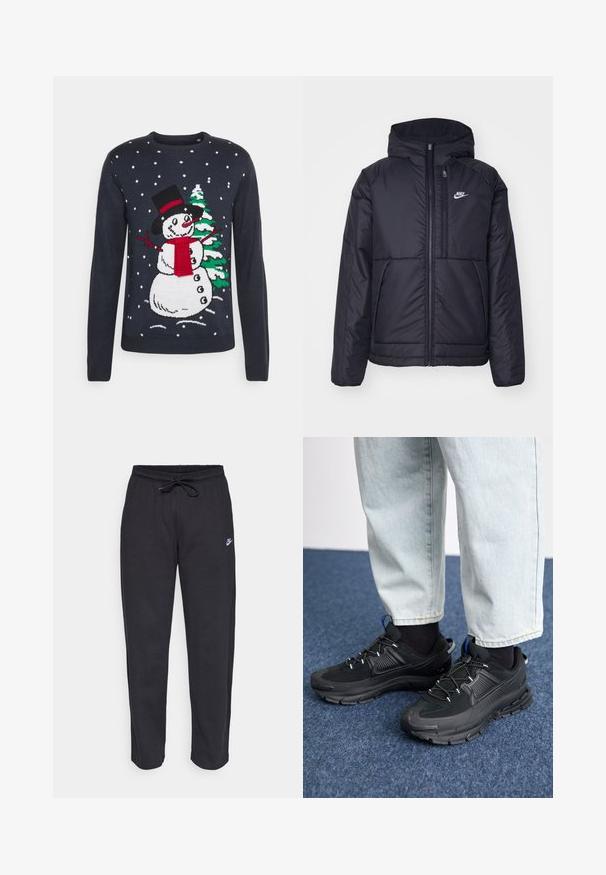 Casaco Nike preto, acolchoado, com fecho à frente e capuz. Apresenta um logo branco no lado esquerdo do peito e dois bolsos frontais. Textura exterior lisa.; Only & Sons ONSX-MAS LET IT SNOW - Camisola - dark navy; Calças de treino pretas feitas de tecido suave, com faixa elástica na cintura, cordão regulador e um pequeno logótipo da Nike na coxa esquerda.; Sapatilhas desportivas pretas com tecido texturizado e solas em borracha, apresentando atacadores elásticos e um detalhe azul no calcanhar. Usadas com calças de ganga claras.