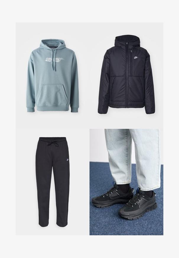 Črna, podložena Nike jakna z sprednjim zadrgo in kapuco. Ima bel logo na levem prsnem delu in dvojna sprednja žepa. Gladka zunanja tekstura.; Svetlo modra kapuca iz mešanice mehkega bombaža, ki vsebuje sprednji žep, kapuco na vrvico in belo grafiko logotipa na prsih.; Črne trenirke iz mehkega materiala z elastičnim pasom, vrvico in majhnim logotipom Nike na levem stegnu.; Črne športne čevlje z teksturirano tkanino in gumijastimi podplati, ki imajo elastične vezalke ter modre poudarke na peti. Nosi se z lahkimi denim hlačami.