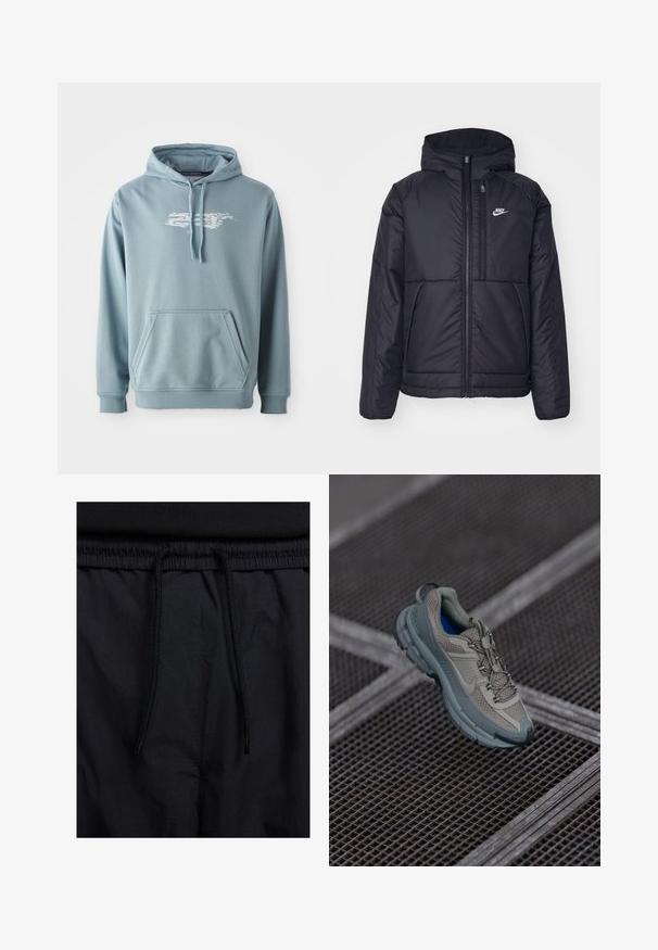 Crna Nike jakna s podstavom, dugmadi sprijeda i kapuljačom. Ima bijeli logotip na lijevoj strani prsnog koša i dva prednja džepa. Glatka vanjska tekstura.; Svijetloplava dukserica od mekog pamučnog materijala, s prednjim džepom, kapuljačom svezanom vezicom i bijelim logotipom na prsima.; Crne kratke hlače s pojasom na vezanje, lagani materijal s glatkom teksturom i jednostavan dizajn bez vidljivih logotipa ili uzoraka.; Bež i sivi sportski tenisice s teksturiranim mrežastim gornjim dijelom, zaobljenim vrhom i gumenom potplatom, s vezicama i podstavljenim ovratnikom.