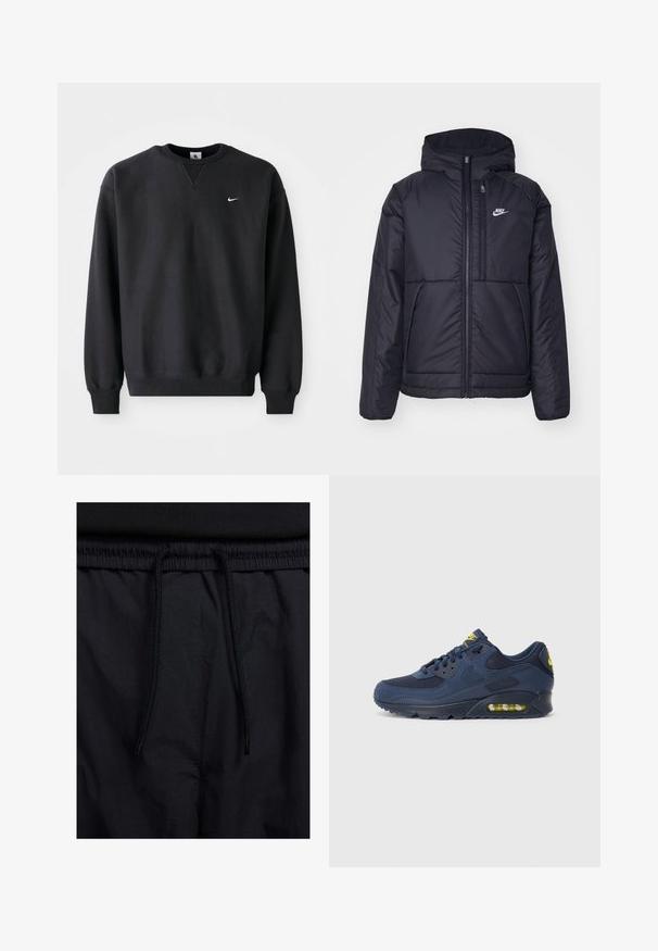 Casaco Nike preto, acolchoado, com fecho à frente e capuz. Apresenta um logo branco no lado esquerdo do peito e dois bolsos frontais. Textura exterior lisa.; Sweatshirt preto da Nike com decote redondo e mangas longas, apresentando o icónico logo swoosh em branco no peito.; Calções pretos com um cós elástico ajustável, fabricados em tecido leve com uma textura suave e um design simples, sem logótipos ou padrões visíveis.; Tenis Nike Air Max azul marinho com parte superior em camurça e malha, com detalhes amarelos, fecho de atacadores na frente e amortecimento visível na sola.