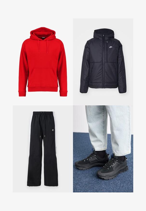Črna, podložena Nike jakna z sprednjim zadrgo in kapuco. Ima bel logo na levem prsnem delu in dvojna sprednja žepa. Gladka zunanja tekstura.; Rdeča kapuca iz mehkega blaga, z sprednjim žepom, kapuco z vrvico in rebrastimi manšetami ter robom. Preprost dizajn brez vidnih logotipov.; Črne športne hlače z elastičnim pasom, belimi stranskimi črtami, z zadrgo na manšetah in gumijastim logotipom na sprednji strani.; Črne športne čevlje z teksturirano tkanino in gumijastimi podplati, ki imajo elastične vezalke ter modre poudarke na peti. Nosi se z lahkimi denim hlačami.
