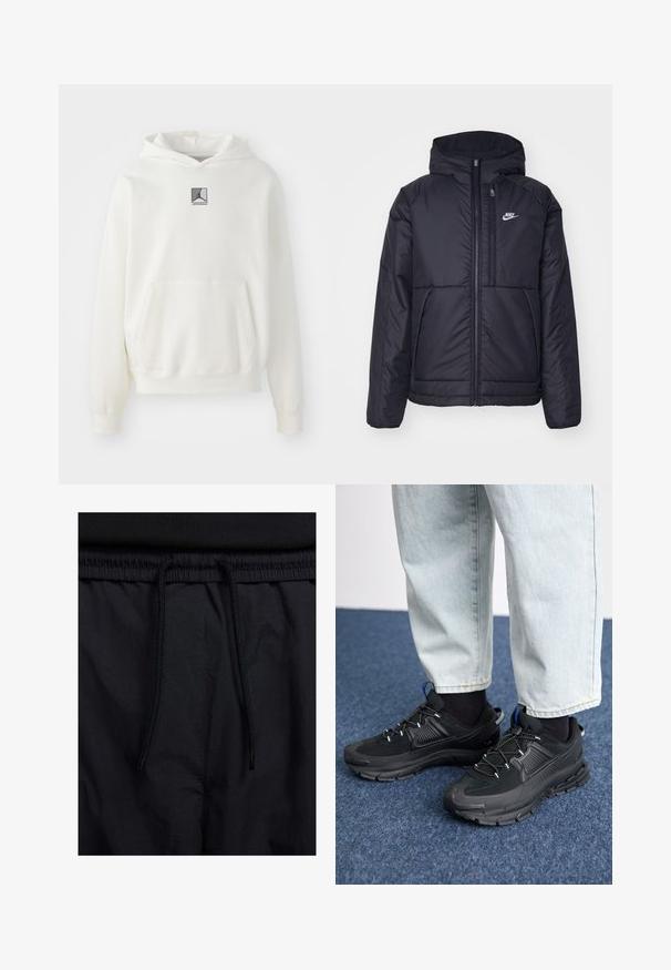 Giacca Nike nera, imbottita, con zip frontale e cappuccio. Presenta un logo bianco sul lato sinistro del petto e doppie tasche frontali. Texture esterna liscia.; Felpa bianca con cappuccio realizzata in tessuto morbido. Presenta una tasca frontale centrale e un'etichetta con logo grigio sul petto. Vestibilità comoda con polsini a coste.; Shorts neri con vita regolabile tramite coulisse, tessuto leggero con una texture liscia e un design semplice senza loghi o motivi visibili.; Scarpe sportive nere con tessuto testurizzato e suole in gomma, dotate di lacci elastici e un accento blu sul tallone. Indossate con pantaloni in denim chiaro.