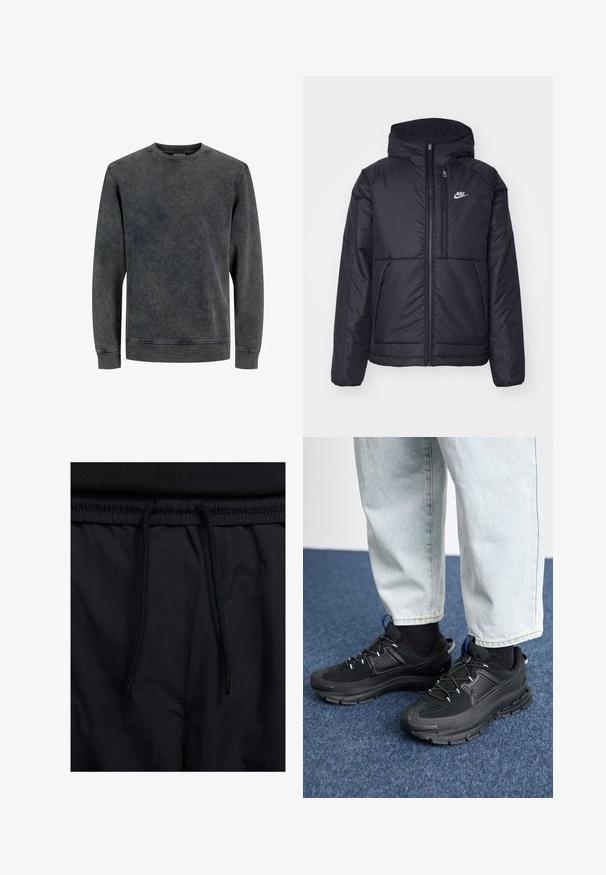 Zwarte, gewatteerde Nike-jas met een voorkant met ritssluiting en capuchon. Kenmerkt zich door een wit logo op de linkerborst en dubbele frontzakken. Gladde buitenkant.; Grijze ronde hals sweatshirt met lange mouwen, gemaakt van een zachte, gestructureerde stof. Heeft een vervaagd, gewassen effect en eenvoudige stikdetails.; Zwarte shorts met een drawstring tailleband, lichtgewicht stof met een zachte textuur en een eenvoudig ontwerp zonder zichtbare logo's of patronen.; Zwarte sportschoenen met gestructureerde stof en rubberen zolen, met elastische veters en een blauwe accent op de hiel. Draag samen met lichte spijkerbroeken.