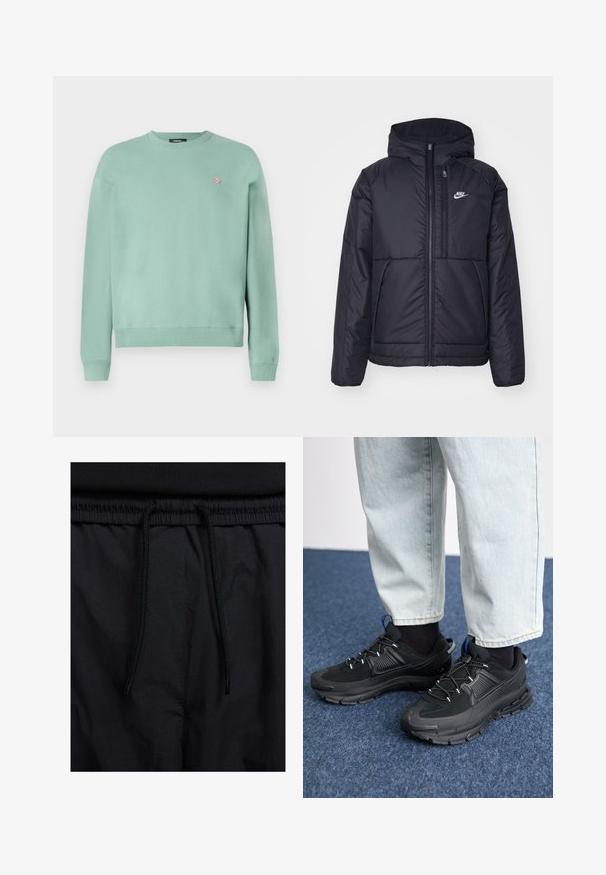 Černá zateplená bunda Nike s předním zipem a kapucí. Na levé straně hrudi má bílé logo a dvojité přední kapsy. Hladký povrch.; Světle zelená mikina vyrobená z měkké látky, s kulatým výstřihem, dlouhými rukávy a malým znakem na levé hrudi. Žebrované manžety a lem.; Černé šortky s páskem na šňůrku, lehký materiál s hladkou texturou a jednoduchý design bez viditelných log nebo vzorů.; Černé sportovní boty s texturovanou tkaninou a gumovou podrážkou, s elastickými tkaničkami a modrým akcentem na patě. Nosí se s světlými džíny.