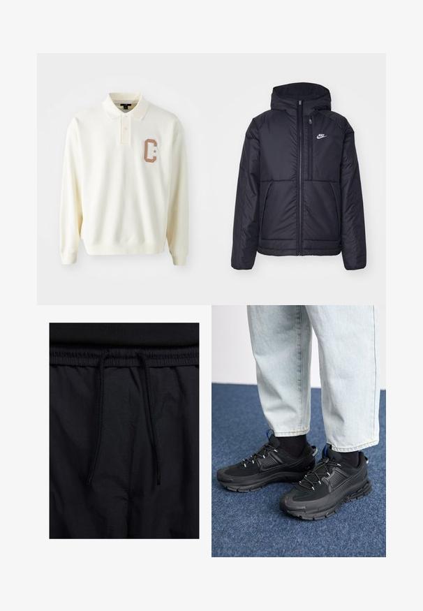 Jachetă Nike neagră, căptușită, cu fermoar pe față și glugă. Prezintă un logo alb pe pieptul stâng și două buzunare frontale. Textură exterioară netedă.; Cămașă polo bej cu mâneci lungi, realizată dintr-un material moale, având un guler cu nasturi și o patch cu litera "C" tonală și o stea pe piept.; Șorturi negre cu un brâu reglabil, dintr-un material ușor cu o textură netedă și un design simplu, fără logo-uri sau modele vizibile.; Pantofi sport negri, cu țesătură texturată și tălpi din cauciuc, având șireturi elastice și un accent albastru pe toc. Purtați cu pantaloni din denim deschis.