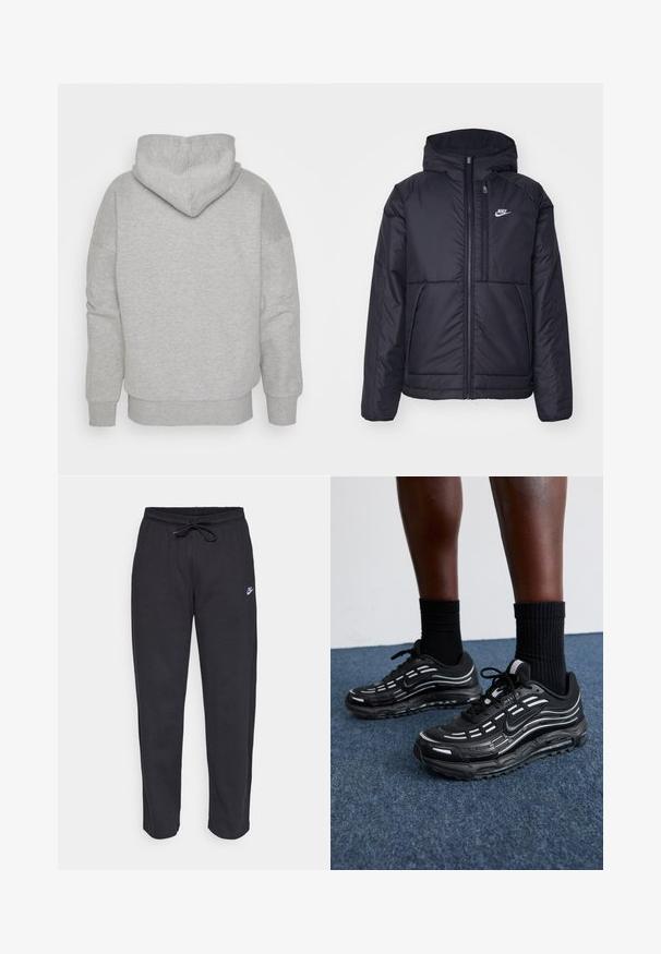 Juodas, paminkštintas Nike džemperis su priekyje užtrauktuku ir gobtuvu. Pasižymi balta logo kairėje krūtinės pusėje ir dviem priekinėmis kišenėmis. Su lygiu išoriniu paviršiumi.; Pilkas gobtuvas su prigludusia kepure, plačiomis rankovėmis ir rubu apdailos juostele. Minkšta, tekstūruota medžiaga be matomų raštų ar metalinių detalių.; Juodos sportinės kelnės, pagamintos iš minkštos medžiagos, su elastinga juostele, raišteliu ir mažuoju Nike logotipu kairiajame šlaunyje.; Juodi Nike batai turi orui pralaidžią viršutinę dalį su akcento juostelėmis, tekstūruotais raišteliais ir juodu guminio pado. Dėvimi su juodais šonkauliniais sokais.