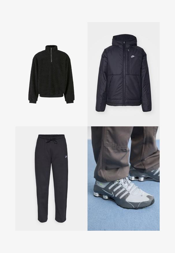 Schwarze, gepolsterte Nike-Jacke mit Frontreißverschluss und Kapuze. Hat ein weißes Logo auf der linken Brust und zwei Fronttaschen. Glattes äußeres Material.; Schwarzer Fleece-Pullover mit hohem Kragen, halbem Reißverschluss, strukturiertem Stoff sowie gerippten Bündchen und Saum. Gemütliches und lässiges Design.; Schwarze Sweatpants aus weichem Stoff mit elastischem Bund, Kordelzug und kleinem Nike-Logo auf dem linken Oberschenkel.; Graue und silberne Nike Shox Sneakers zeichnen sich durch ein schlankes Design aus, mit Netz- und Synthetikmaterialien, einer abgerundeten Zehenpartie und einem gepolsterten Schuhkragen.