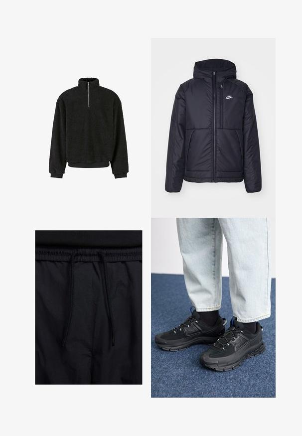 Giacca Nike nera, imbottita, con zip frontale e cappuccio. Presenta un logo bianco sul lato sinistro del petto e doppie tasche frontali. Texture esterna liscia.; Pullover in pile nero con alto colletto, chiusura a metà zip, tessuto testurizzato e polsini e orlo a coste. Design caldo e casual.; Shorts neri con vita regolabile tramite coulisse, tessuto leggero con una texture liscia e un design semplice senza loghi o motivi visibili.; Scarpe sportive nere con tessuto testurizzato e suole in gomma, dotate di lacci elastici e un accento blu sul tallone. Indossate con pantaloni in denim chiaro.