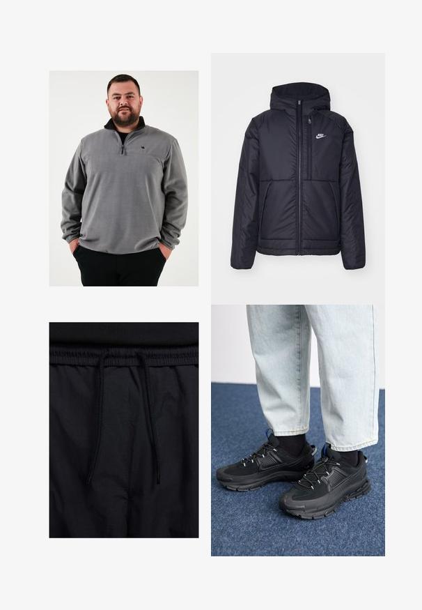 Fekete, párnázott Nike dzseki elülső cipzárral és kapucnival. A bal mellen fehér logó található, valamint két elülső zseb. Simának tűnő külső felület.; Szürke polár pulóver fél cipzárral, fekete gallérral és kis logóval a mellrészen. Puha tapintású és laza fazonú.; Fekete rövidnadrág, húzózsinórral ellátott derékrésszel, könnyű anyagból, sima felszínen, egyszerű dizájnnal, látható logók vagy minták nélkül.; Fekete sportcipők texturált anyaggal és gumitalppal, elasztikus fűzőkkel és kék kiegészítővel a saroknál. Világos farmernadrággal viselve.