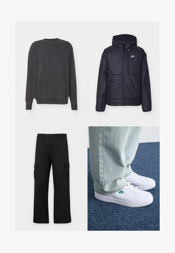 Casaco Nike preto, acolchoado, com fecho à frente e capuz. Apresenta um logo branco no lado esquerdo do peito e dois bolsos frontais. Textura exterior lisa.; Dickies PLENTYWOOD - Camisola - black; Calças cargo pretas com um design de perna reta. Feitas de um tecido durável, apresentam dois bolsos laterais com fechos de aba e um fecho de botão.; Tênis de couro brancos com logo verde da Nike, bico redondo, sola plana, combinados com calças de denim azul claro, exibidos sobre um tapete azul.