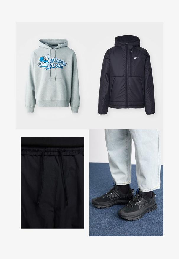 Crna Nike jakna s podstavom, dugmadi sprijeda i kapuljačom. Ima bijeli logotip na lijevoj strani prsnog koša i dva prednja džepa. Glatka vanjska tekstura.; Sivi pamučni dukserica s kapuljačom na vezivanje, prednjim džepom i plavim grafičkim prikazom koji sadrži tekst i lik u stilu crtanog filma. Mekana tekstura.; Crne kratke hlače s pojasom na vezanje, lagani materijal s glatkom teksturom i jednostavan dizajn bez vidljivih logotipa ili uzoraka.; Crne atletske cipele s teksturiranom tkaninom i gumene potplate, s elastičnim vezicama i plavim akcentom na peti. Nosene su s svijetlim trapericama.