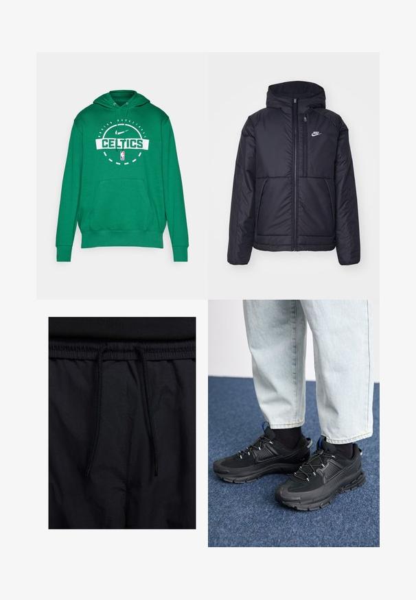 Giacca Nike nera, imbottita, con zip frontale e cappuccio. Presenta un logo bianco sul lato sinistro del petto e doppie tasche frontali. Texture esterna liscia.; Felpa verde con cappuccio, con logo "CELTICS" in bianco, tasca a marsupio e polsini a coste. Realizzata in tessuto morbido.; Shorts neri con vita regolabile tramite coulisse, tessuto leggero con una texture liscia e un design semplice senza loghi o motivi visibili.; Scarpe sportive nere con tessuto testurizzato e suole in gomma, dotate di lacci elastici e un accento blu sul tallone. Indossate con pantaloni in denim chiaro.