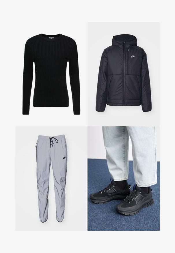 Black, padded Nike jacket with a front zipper and hood. Features a white logo on the left chest and dual front pockets. Smooth exterior texture.; Black ribbed long-sleeve sweater with a crew neck; textured fabric features vertical lines; fitted silhouette; no visible embellishments or accents.; Light grey sweatpants made of smooth, lightweight fabric with black accents. Features an elastic waistband with drawstring and side pockets.; Black athletic shoes with textured fabric and rubber soles, featuring elastic laces and a blue accent on the heel. Worn with light denim pants.