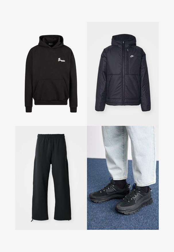 Must musta Nike jope, millel on ees lukuga avamine ja kapuuts. Vasakpoolne rind on kaunistatud valge logoga ning ees on kaks taskut. Sile välimine tekstuur.; Must mustriga fliisist valmistatud must kapuutsiga sviiter. Omab eesmist taskut, ribakäiseid ja tikkitud valget logo rinnal.; Mustad laiad mustad püksid pehmest kangast, millel on elastne vöökoht ja nöör, küljetaskud ning sile tekstuur.; Mustad mustad jooksukingad, millel on tekstureeritud kangas ja kummist tallad, elastsed nöörid ning sinine aksent kandadel. Kandmine heledate teksadega.