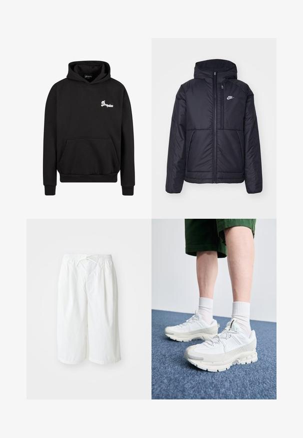 Svart, vadderad Nike-jacka med dragkedja framtill och huva. Har en vit logotyp på vänster bröst och dubbla framfickor. Slät yttextur.; Svart huvtröja i fleece. Har en framficka, ribbad mudd, och en broderad vit logga på bröstet.; Vita shorts med elastiskt midjeband och dragsko, visade mot en enkel ljus bakgrund. Lämpliga för avslappnad eller varm väderbruk.; Vita atletiska skor med texturerade överlägg, en tjock sula och grå accenter. Bärs med vita strumpor och gröna shorts på en blå yta.
