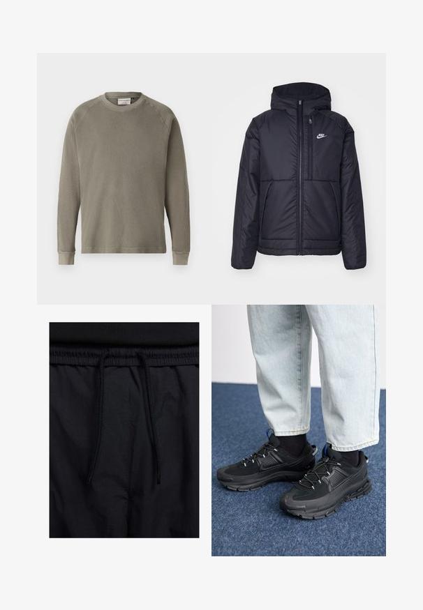 Čierna, polstrovaná bunda Nike so zipsom vpredu a kapucňou. Na ľavej strane hrude sa nachádza biele logo a sú tu dva predné vrecká. Hladký vonkajší povrch.; Zelená dlhá mikina s textúrovaným, rebrovaným povrchom, okrúhlym výstrihom a manžetami na rukávoch. Obsahuje raglánové rukávy pre väčšiu pohyblivosť.; Čierne šortky s pásom na stiahnutie, z ľahkej látky s hladkou textúrou a jednoduchým dizajnom bez viditeľných log alebo vzorov.; Čierne športové topánky s textúrovanou tkaninou a gumovou podrážkou, so elastickými šnúrkami a modrým akcentom na päte. Nosia sa s svetlými riflami.