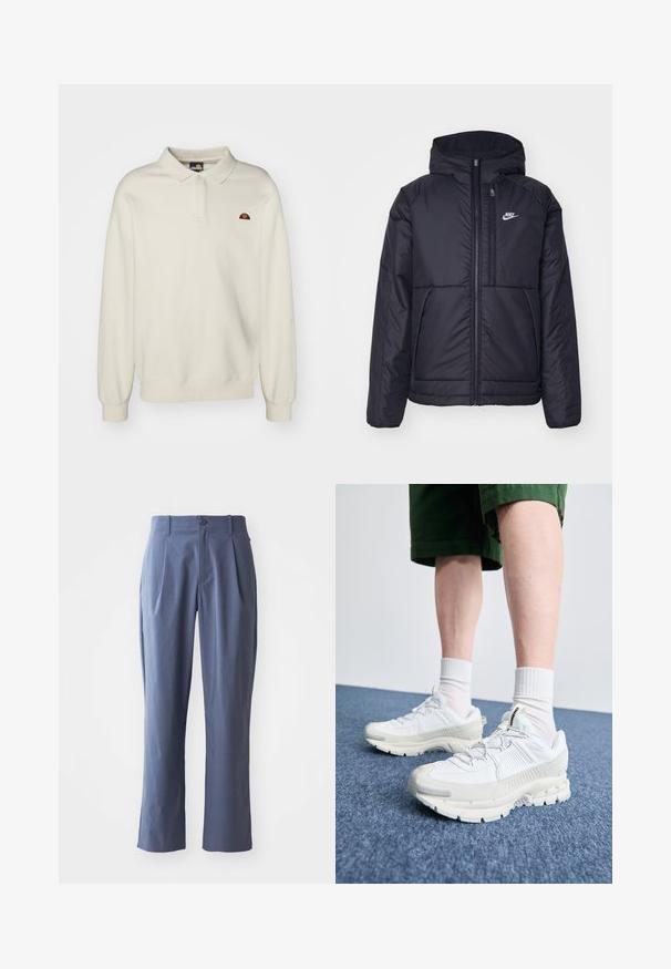 Fekete, párnázott Nike dzseki elülső cipzárral és kapucnival. A bal mellen fehér logó található, valamint két elülső zseb. Simának tűnő külső felület.; Krém színű, hosszú ujjú póló, ribbelt gallérral és mandzsettákkal, bal mellen egy kis, színes logóval. Puha, texturált anyag.; Tengerészkék nadrág, pliszézett, egyenes szabású, könnyű anyagból készült, egy elülső gombos záródással és övlyukakkal.; Fehér sportcipők texturált burkolattal, vastag talppal és szürke részletekkel. Fehér sportzoknival és zöld rövidnadrággal viselve, kék felületen.