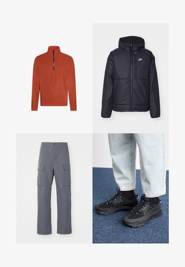 Crna Nike jakna s podstavom, dugmadi sprijeda i kapuljačom. Ima bijeli logotip na lijevoj strani prsnog koša i dva prednja džepa. Glatka vanjska tekstura.; Narančasti flis pulover s polu-zatvaranjem sprijeda. Ima visoki ovratnik i detalj s logotipom na rukavu. Mekana, strukturirana tkanina. Dugi rukavi.; Sive cargo hlače napravljene od izdržljivog materijala. Karakteristike uključuju elastičnu pojasnicu, dva velika bočna džepa i ravni kroj.; Crne atletske cipele s teksturiranom tkaninom i gumene potplate, s elastičnim vezicama i plavim akcentom na peti. Nosene su s svijetlim trapericama.