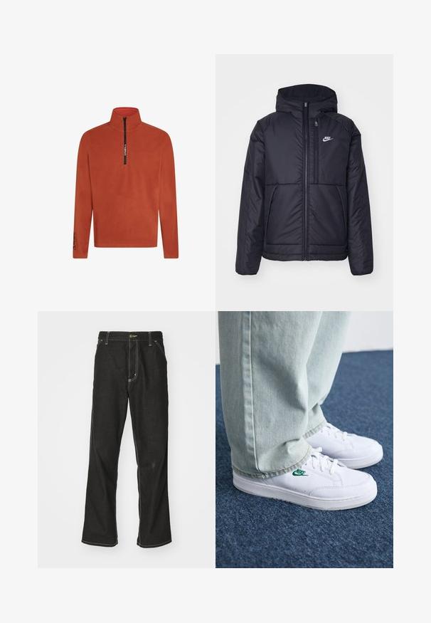 Chaqueta acolchada negra de Nike con cremallera frontal y capucha. Presenta un logo blanco en el lado izquierdo del pecho y dos bolsillos frontales. Textura exterior suave.; Sudadera de felpa naranja con media cremallera en la parte delantera. Presenta un cuello alto y un detalle del logo en la manga. Tejido suave y texturizado. Mangas largas.; Jeans de mezclilla negra con un corte holgado, que cuentan con costuras blancas contrastantes, cierre de botón y un diseño de pierna recta.; Zapatillas de cuero blanco con logo de Nike verde, puntera redonda, suela plana, combinadas con pantalones de mezclilla azul claro, sobre una alfombra azul.