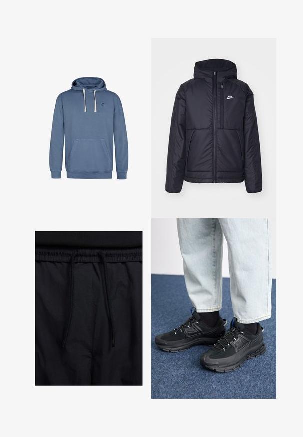 Czarna, pikowana kurtka Nike z przednim zamkiem błyskawicznym i kapturem. Posiada białe logo po lewej stronie klatki piersiowej oraz podwójne kieszenie z przodu. Gładka struktura zewnętrzna.; Niebieska bluza z kapturem z miękkiej tkaniny, z przednią kieszenią, regulowanym kapturem na sznurki oraz okrągłym logo na klatce piersiowej.; Czarne szorty z elastycznym paskiem na sznurku, lekkiego materiału o gładkiej fakturze oraz prostym wzornictwie bez widocznych logo czy wzorów.; Czarne buty sportowe z teksturowanej tkaniny i gumowymi podeszwami, z elastycznymi sznurówkami i niebieskim akcentem na pięcie. Noszone z jasnymi dżinsami.