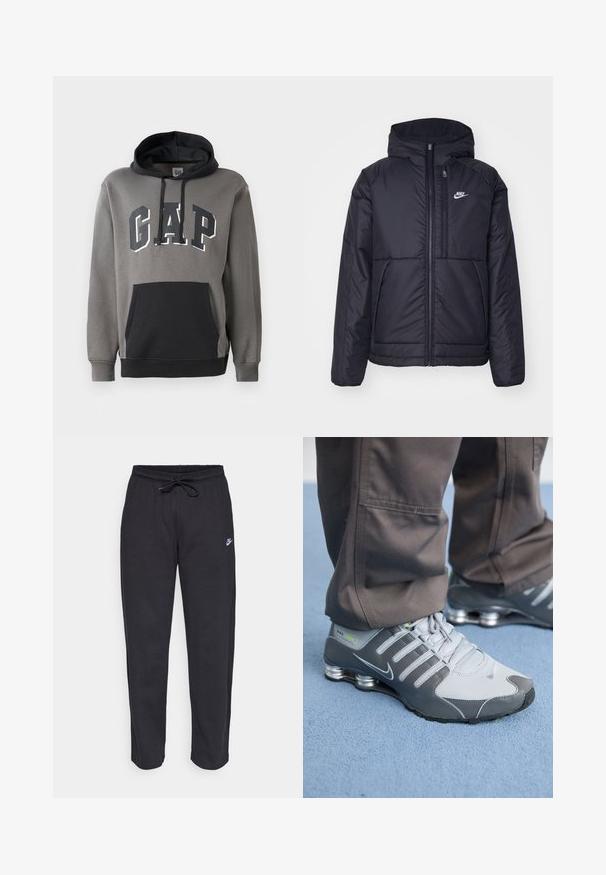 Melna, pufota Nike jaka ar priekšējo rāvējslēdzēju un kapuci. Iezīmēta ar baltu logotipu uz kreisās krūtis un divām priekšējām kabatām. Gluda ārējā tekstūra.; Pelēks džemperis ar melnu kangaroo kabatu, ar drosmīgiem burtiem "GAP" uz krūtīm un ar aukliņu kapuci.; Melnas sporta bikses, kas izgatavotas no mīksta auduma, ar elastīgu jostu, auklu un mazu Nike logo uz kreisā augšstilba.; Pelēki un sudraba Nike Shox sporta apavi izceļas ar elegantu dizainu, izmantojot acu un sintētiskos materiālus, apaļu purngalu un mīkstinātu apkakli.